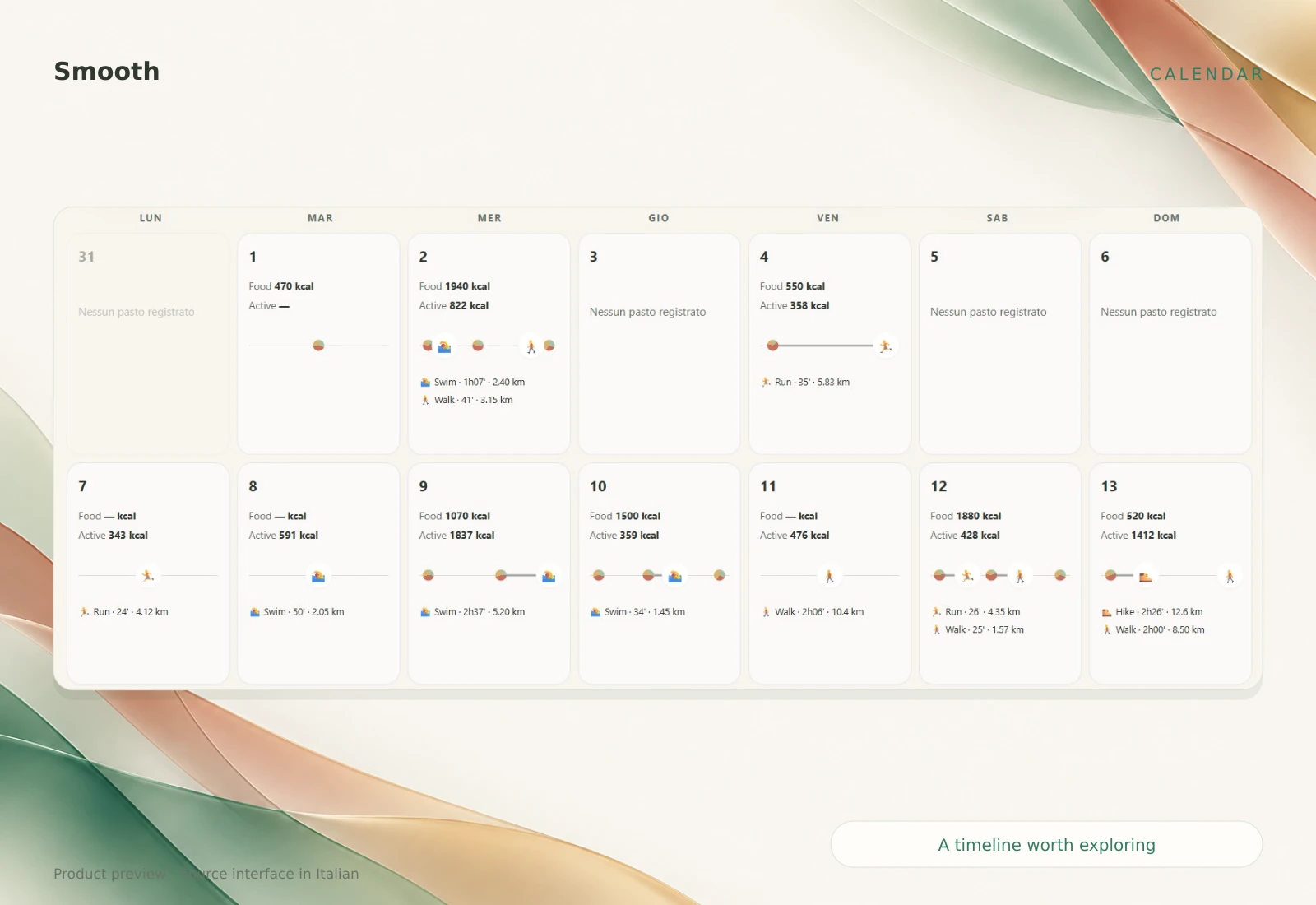 Smooth calendar showing recorded meals and activities across different days.