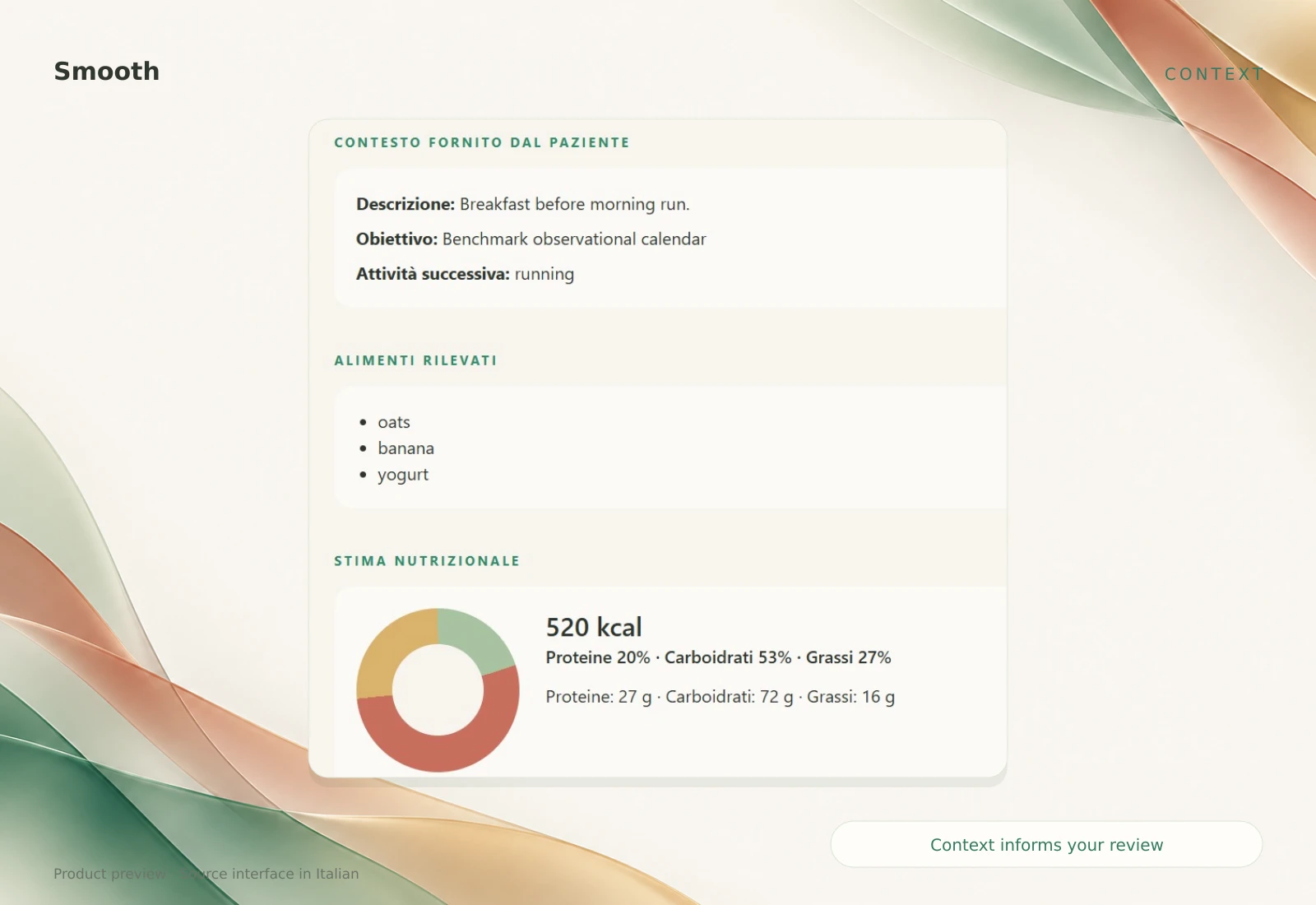 Meal context, detected foods and estimated macronutrients for a breakfast before a run.