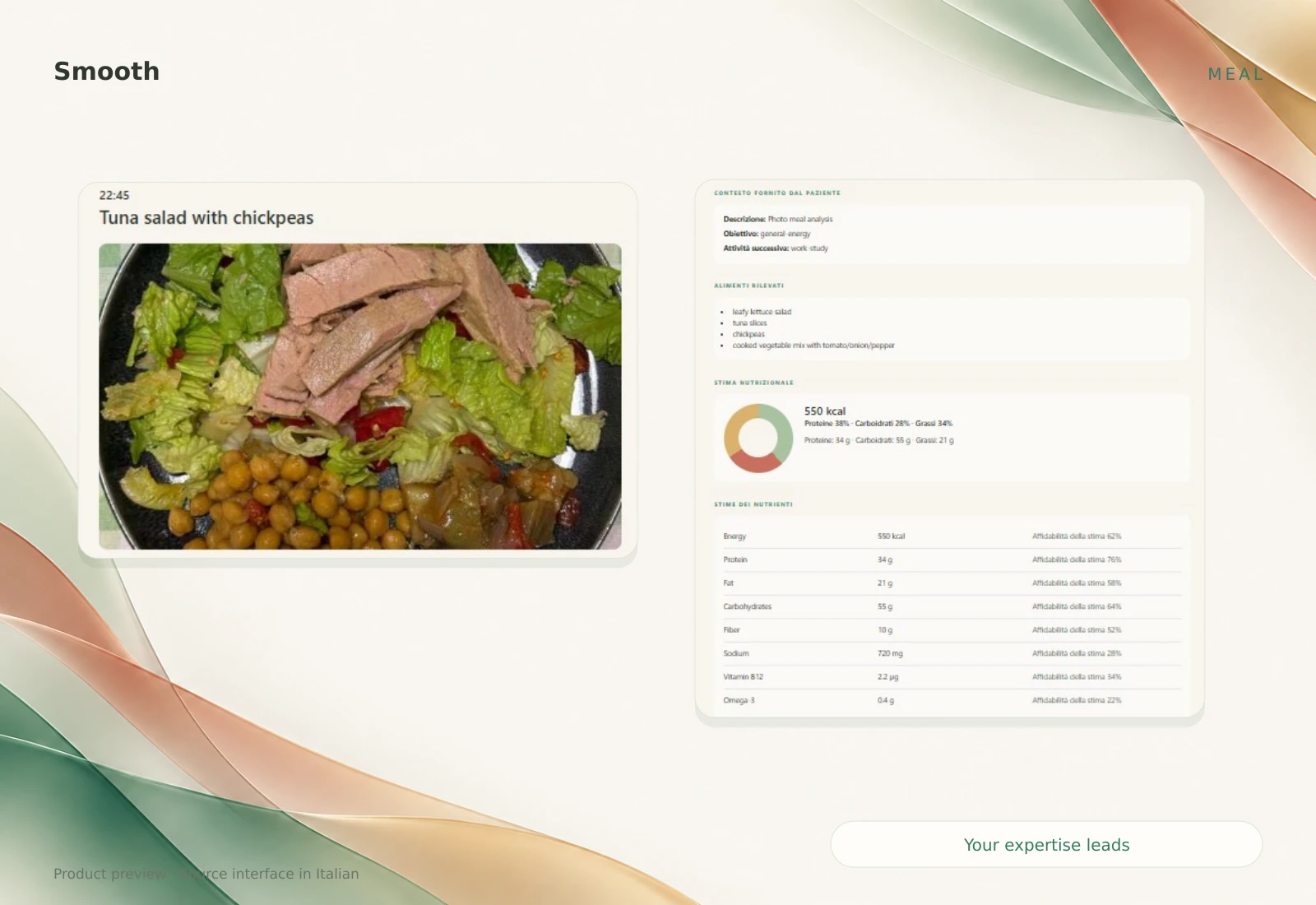 Photo of a tuna and chickpea salad alongside Smooth’s nutritional estimates.