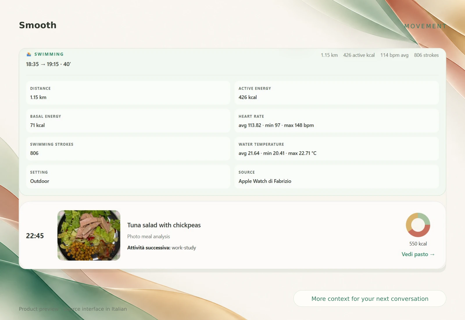 Imported swimming metrics and a meal recorded in the same Smooth diary.